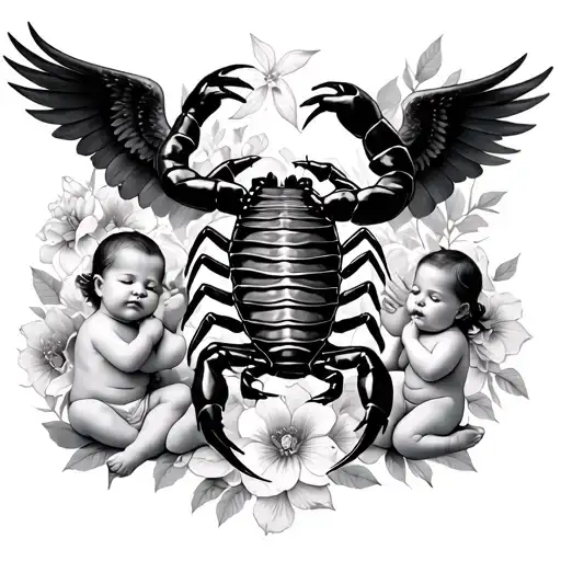 scorpion underbust tattoo beside 3 angel babies and floral background  tattoo design idea