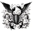 scorpion underbust tattoo beside 3 angel babies and floral background  tattoo design idea
