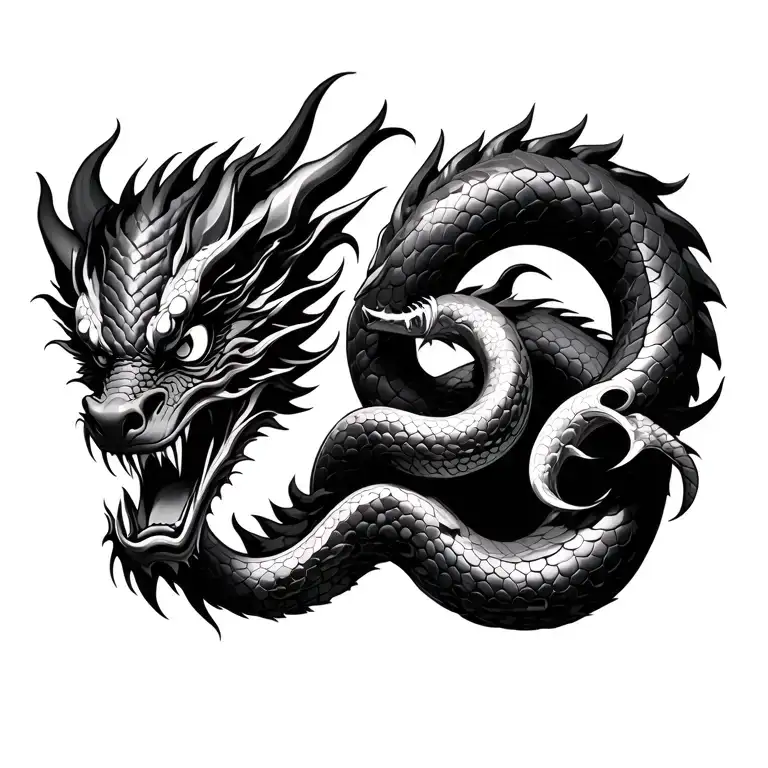 oni mask, dragon, snakes realism tattoo design idea