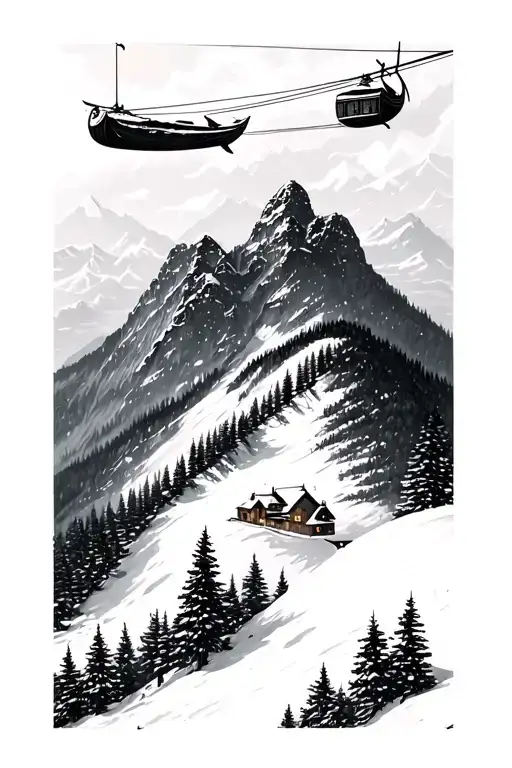 Mountains with snow and gondola and trees tattoo design idea
