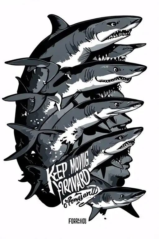 the words "keep moving forward" going down spine with 5 sharks moving up the spine toward the head tattoo design idea
