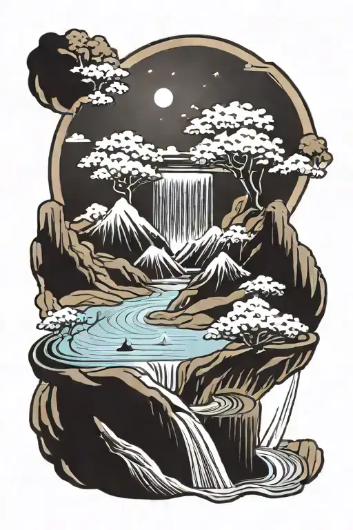 Hour glass with desert sand transforming into waterfall over mountains  tattoo design idea