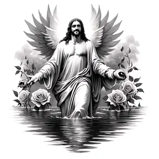 dead roses surrounding Jesus walking on water going to heaven tattoo design idea