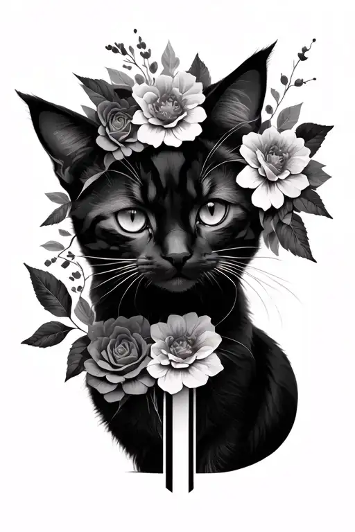Cat with flowers and a geometric rosette tattoo design idea