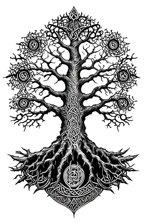 viking, tree of life, ygg drasil tree surrounded by celtic tattoo design idea