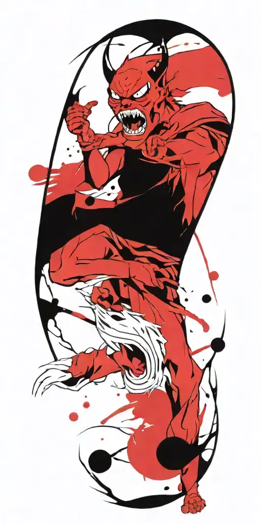 Anime character standing screaming wearing oni mask fighting off inner demons with miminmal black  tattoo design idea