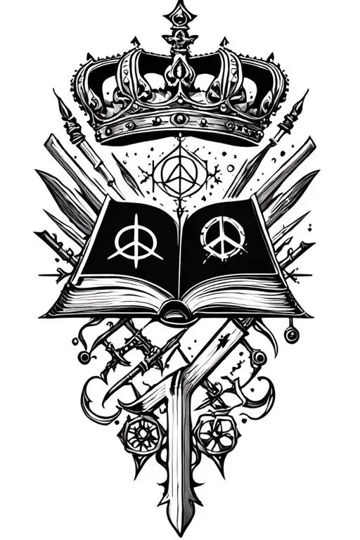 alchemy, peace, magic, crown, book, weapons tattoo design idea