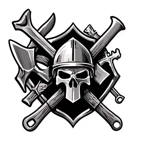 tattoo sleeve design with three crosses, a trojan helmut, a shovel and pick, a wrench, and a cherokee star  tattoo design idea