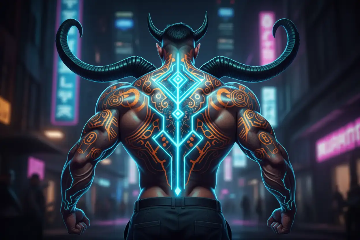 gay male horned satyr with massive bodybuilder muscles, animal companions, nature druid tattoo design idea