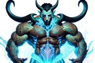 gay male horned satyr with massive bodybuilder muscles, animal companions, nature druid tattoo design idea