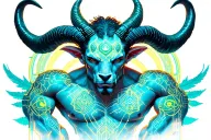 gay male horned satyr with massive bodybuilder muscles, animal companions, nature druid tattoo design idea