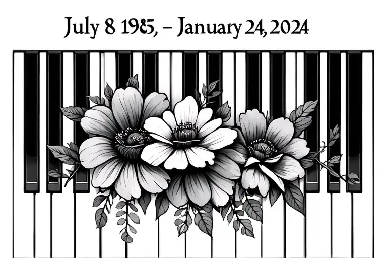 "July 8, 1985- January 24,2024" flowers blooming piano keys tattoo design idea