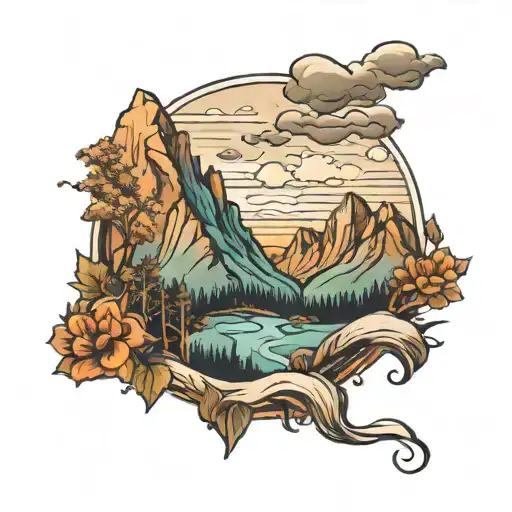 A majestic mountain range with a winding road leading to new horizons tattoo design idea