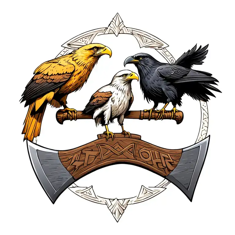 three birds sitting on horizontal viking axe. Birds are golden eagle, bald eagle, raven. Nordic tattoo design idea