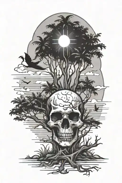skull beach trees birds sun moon tattoo design idea