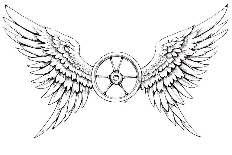 angel wings with motorcycle wheel in center. more feminine tattoo design idea