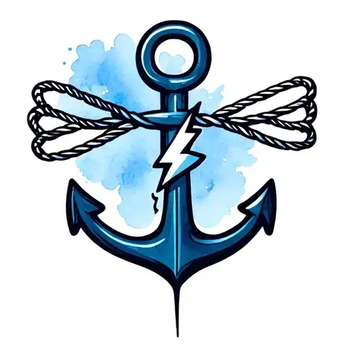  fine line anchor w rope extending away creating a bow & lightening bolt in shank. airy blue watercolor background tattoo design idea