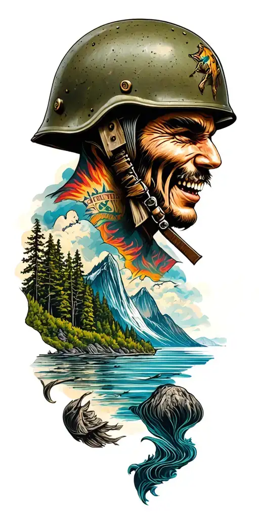 Military helmet and fjord and nature tattoo design idea