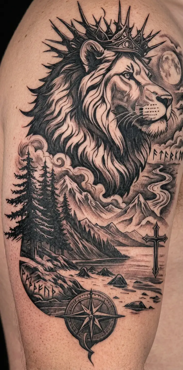 lion with thorn crown, mountains, lake, trees, christian / cross, compass,  dog, beach tattoo design idea