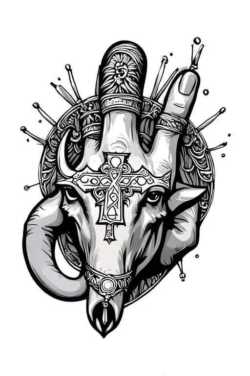 line work on the hand to the finger looks like jewelry has the Taurus and the Aries zodiac the number three and a cross tattoo design idea