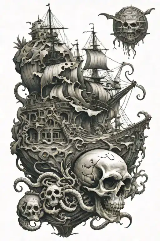 Underwater cave in the shape of a skull with the Kraken emerging from it, sunken pirate ship and treasure on the seafloo tattoo design idea