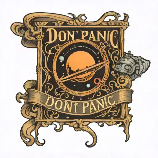 Show me a tattoo that has all of this:  a book that says "don't panic" on the cover (from hitchhikers guide to the galax tattoo design idea