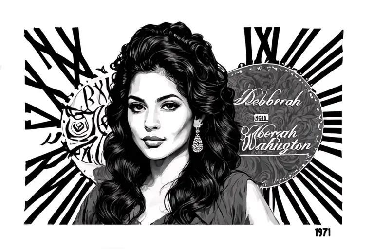 "Deborah Washington" in arbic and 1971 in roman numerals tattoo design idea