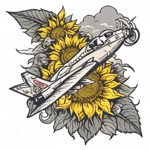 fighter jet sunflower tattoo design idea