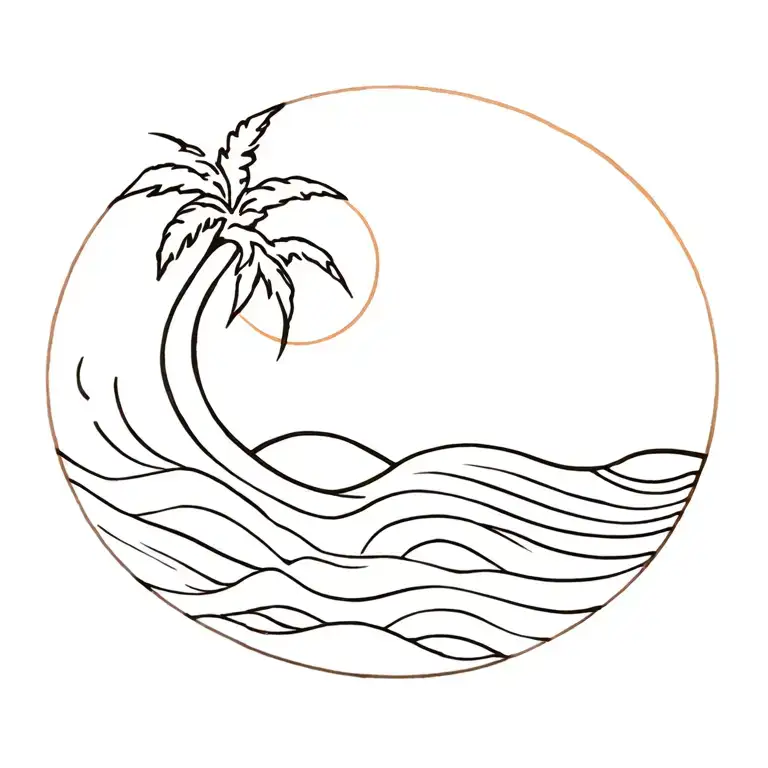 wave and sun and palm tree tattoo design idea