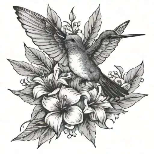 Flowers, humming bird, leaves tattoo design idea
