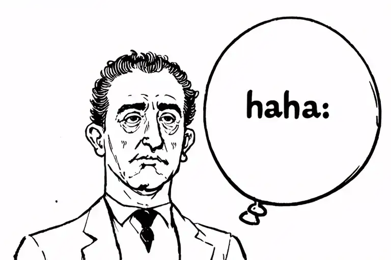 albert camus face. and a comic balloon next to him wich says haha. absurd tattoo design idea