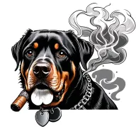 rottweiller, wearing dog tags, smoking cigar, warrior tattoo design idea