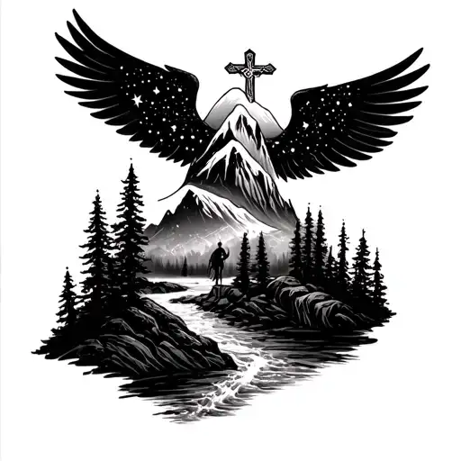 right arm sleeve, Appalachia mountains and trees, stream, man following stars, cross on mountain top archangel Michael  tattoo design idea