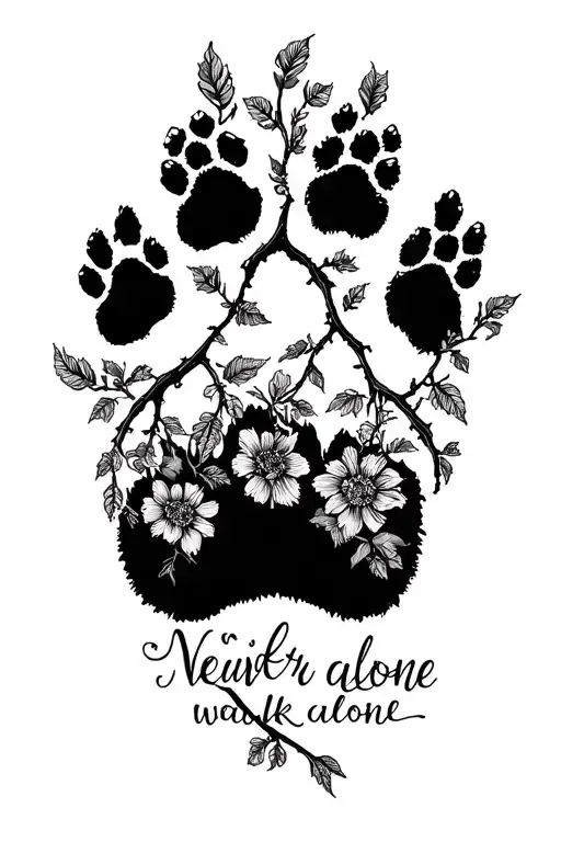 "Never walk alone" small paw prints on a climbing Vine and flowers inside the paw print tattoo design idea