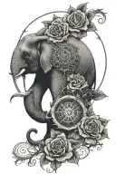 Elephant roses compass moon tattoo design idea