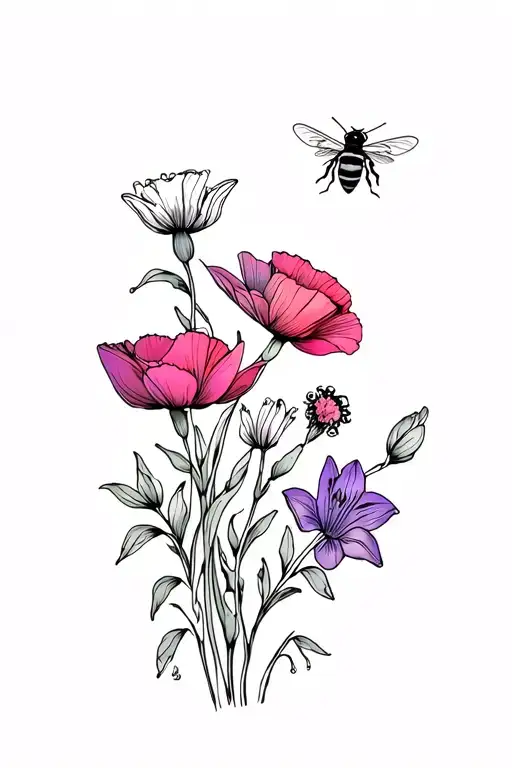 bee flying near small bouquet of flowers containing one cosmo, two poppies, one lily, and one violet tattoo design idea