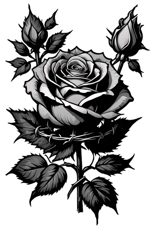 a rose that has barbed wire around the stem wrapped tattoo design idea