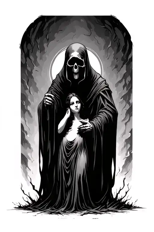 grim reaper standing over a crying woman tattoo design idea
