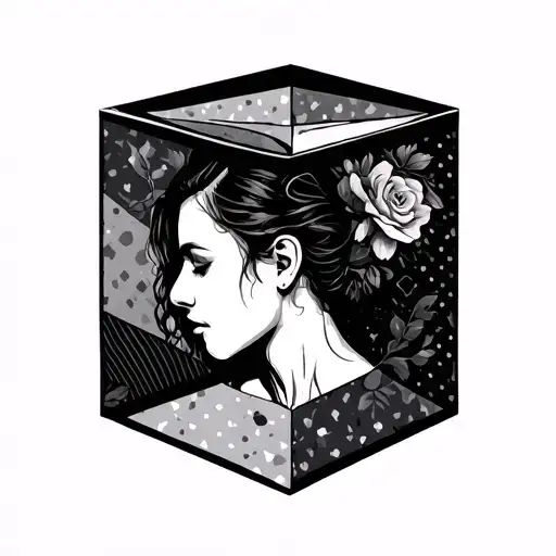 patchwork sleeve with main piece as a box-outlined silhouette photo tattoo design idea
