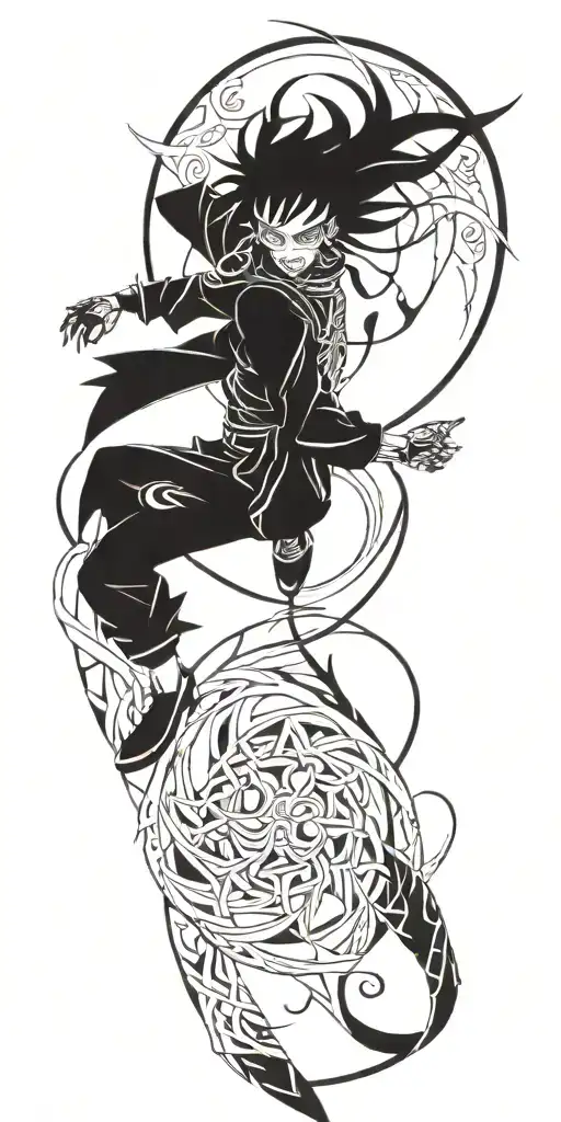 anime character wearing a mask fighting off inner demons tattoo design idea