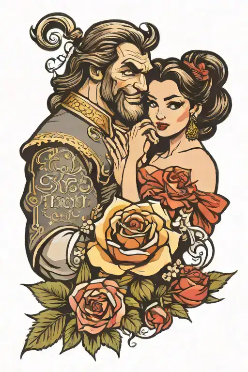 beauty and the beast, Jasmin and Aladdin, gothic, pin up, full sleeve tattoo design idea