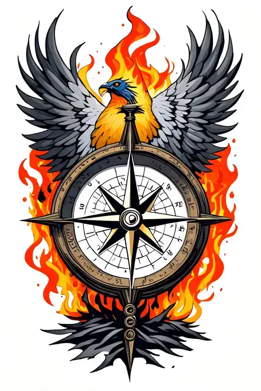 compass representing the course for life over time. Overlapping is a Phoenix rising up from the ashes tattoo design idea