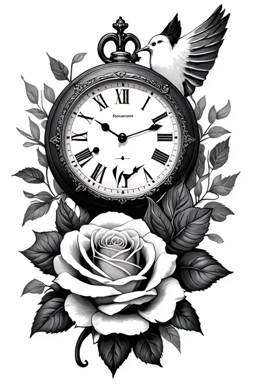 clock, dove and rose  tattoo design idea