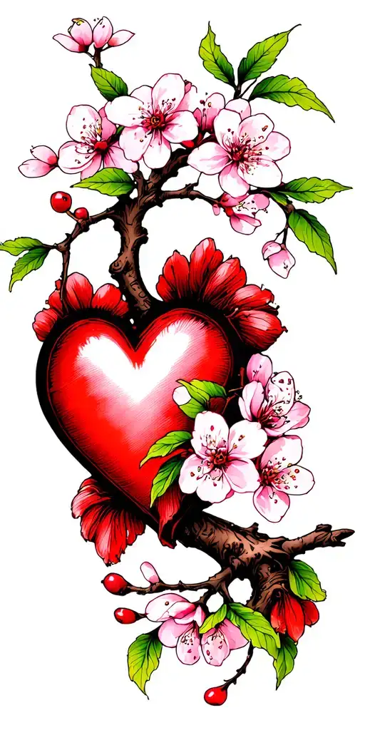 Cherry blossom branches with heart intertwined tattoo design idea