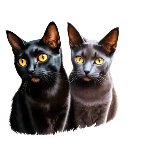 Black  Bombay Cat with yello eyes named Juliette with Russian Blue Cat named Dante tattoo design idea