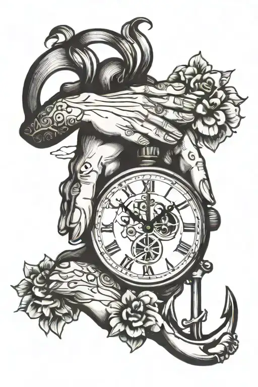 praying hands , clock , ocean , pinky ring , music note tattoo design idea