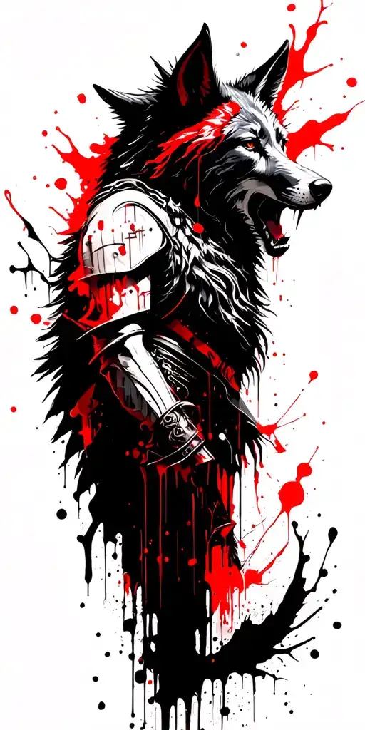 angel warrior and wolf howling tattoo design idea