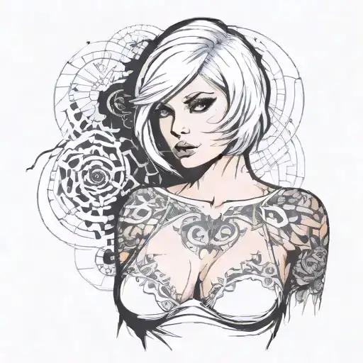 Sexy girl, Huge boobs, cleavage, petite, pure white eyes, lingerie, short white bob hairstyle, waist up view tattoo design idea