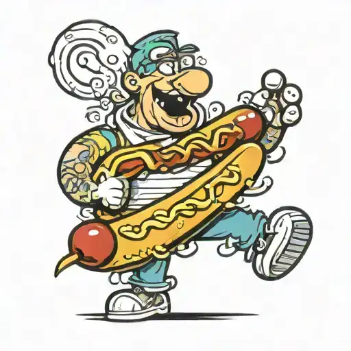 the name Arthur surrounded by cartoon hot dogs tattoo design idea