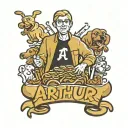the name Arthur surrounded by cartoon hot dogs tattoo design idea